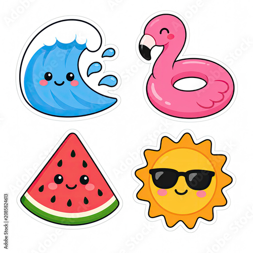 Cute summer icons set wave flamingo float watermelon and sun isolated on transparent background