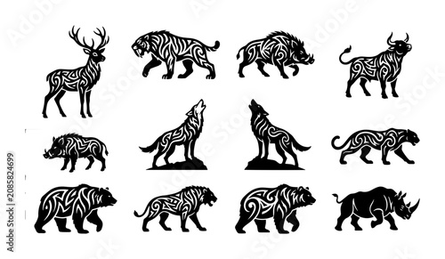 Canvas Print Tribal Animal Vector Icons Set: Majestic Wildlife Graphics, Forest & Wild Creatu