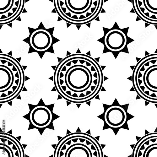 Seamless geometric pattern featuring abstract folk sun and mandala motifs on a white background.