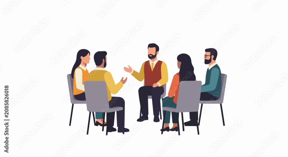 Fototapeta premium Diverse Group of People Sitting in a Circle for Therapy Session, Support Meeting, or Team Workshop Illustration