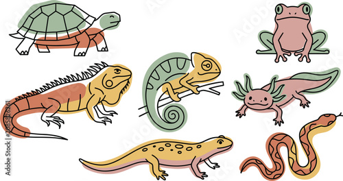 Foto Minimalist Abstract Reptile and Amphibian Vector Line Art Set with Turtle, Frog,