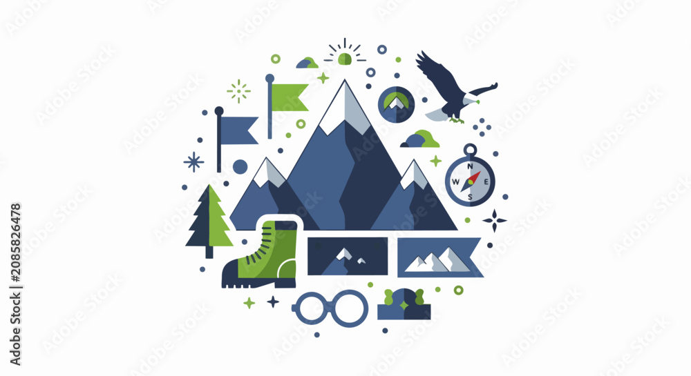 Obraz premium Mountain Adventure and Outdoor Exploration Flat Vector Illustration Circle Composition