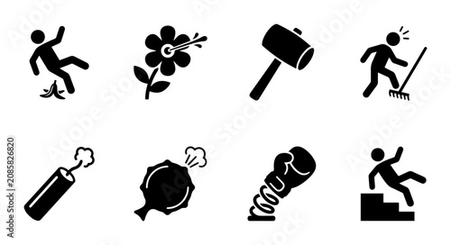 Tableau sur toile Danger Icons Set: Falling, Accidents, Hazards, Tools, Explosions, Springboard, S