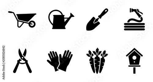 Fotografie Gardening Tools Vector Icons Set: Wheelbarrow, Watering Can, Trowel, Hose, Prune