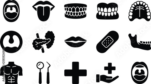 Set of black medical and dental icons featuring human anatomy teeth mouth and healthcare symbols for clinic signage or educational health illustrations