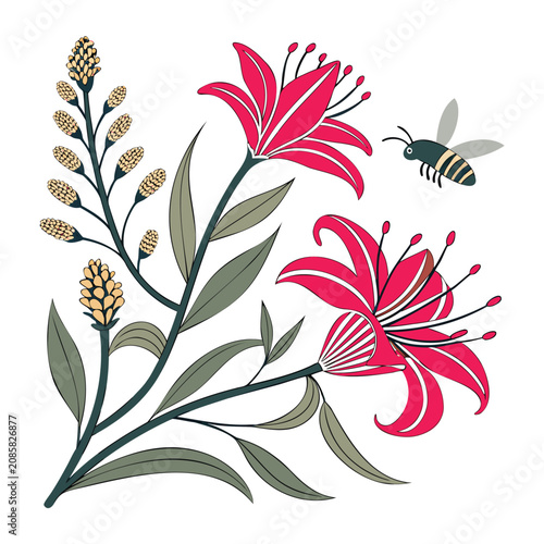 Illustration of bee pollinating vibrant red flowers with green leaves