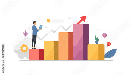 Business professional analyzing financial growth chart with upward arrow on white background.