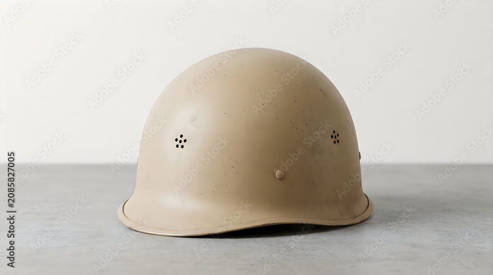 Fototapeta premium Military Helmet on Plain Surface in Neutral Setting