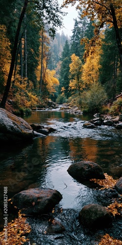 A serene autumnal river scene with vibrant foliage