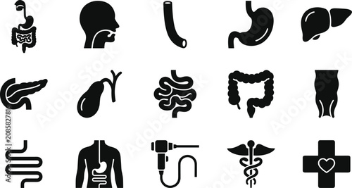 Black and white medical digestive system icons set