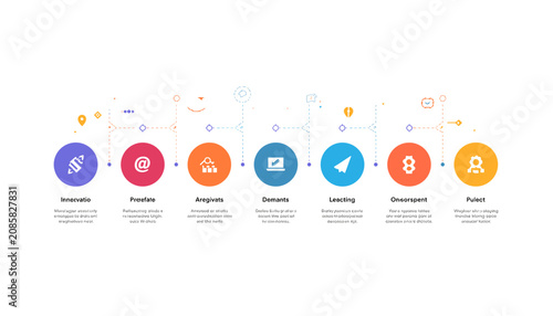 Photos Horizontal infographic timeline with seven colorful circular icons and descriptive text for business process workflow