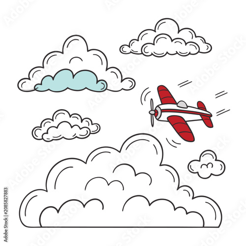 Colorful airplane flying through fluffy white clouds illustration