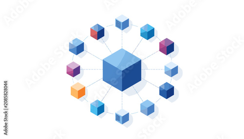 Fotografie Abstract digital illustration of a central cube connected to multiple smaller cubes in a radial network