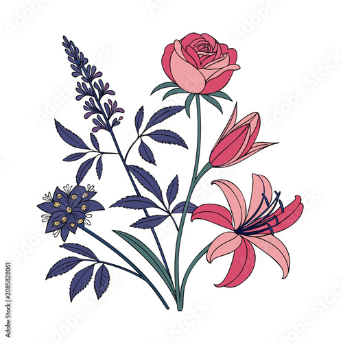 Beautiful Watercolor Style Flower Bouquet With Rose Lily And Aquilegia