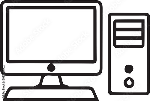 Minimalist desktop computer vector icon, black line art workstation with monitor and cpu tower, professional office hardware illustration