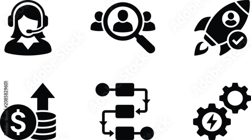 Set of black business and marketing icons including customer support, recruitment, startup rocket, financial growth, workflow process, and technical gears