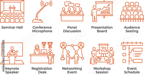 Professional conference and seminar event line icon set for corporate business meetings.