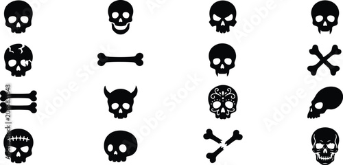 Fotografia Collection of black silhouette skull and bone icons for halloween or warning sig