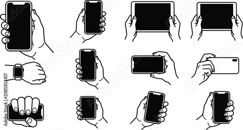 Mobile screen mockups and digital gadgets icon pack set, hands holding smartphone tablet device vector, minimalist monoline smartwatch on wrist