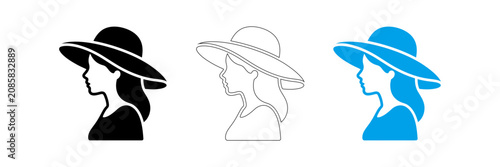 Three stylized silhouettes of women wearing wide brimmed hats in black white and blue