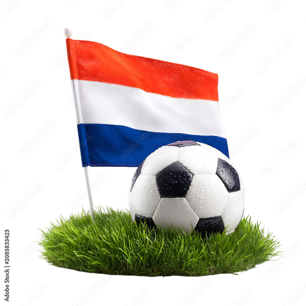 Fototapeta premium Netherlands soccer concept a wet soccer ball resting on artificial turf with a waving dutch flag backdrop