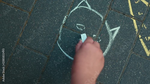 Child drawing a cat face with blue chalk on dark street pavement. Creative hobby of a kid playing outdoors. Artistic activity on concrete for recreation concept.