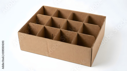 A brown cardboard box with multiple compartments sits on a white surface indoors.
