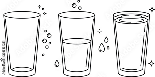 Фотография Water Glass Icon Set with Empty Half Full and Completely Filled Drinking Glasses