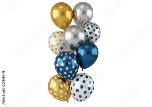 Bunch of shiny golden and blue balloons isolated on transparent