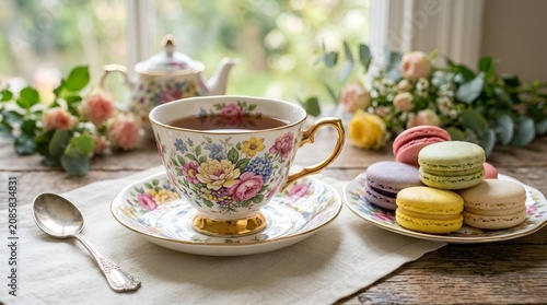 Floral Tea Cup with Macarons and Teapot, Afternoon Tea Setting