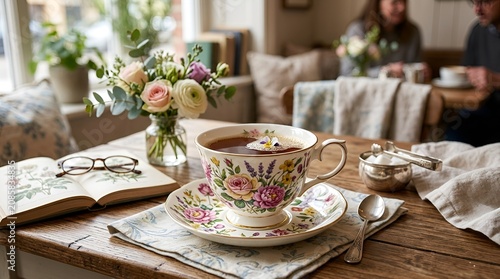 Floral Teacup with Book and Flowers - Cozy Afternoon Tea Break