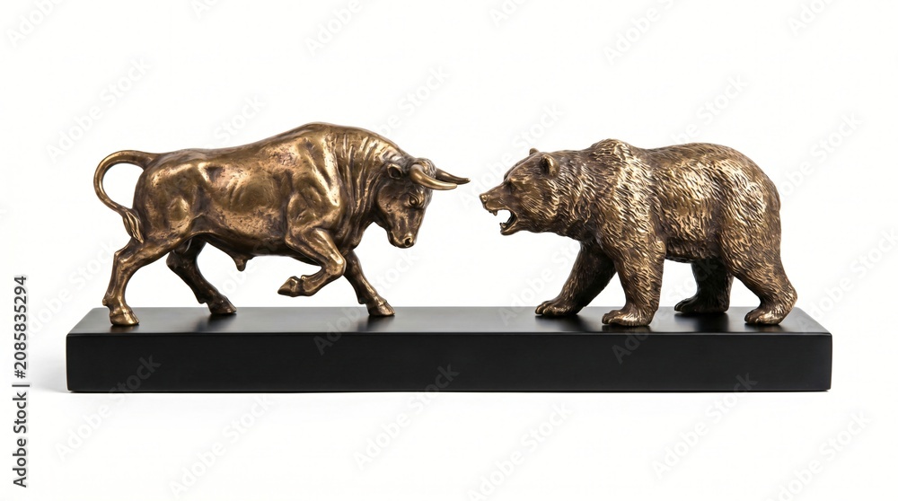 Fototapeta premium 3D Render of Miniature Bronze Bull and Bear Statues Facing Each Other, Stock Market Concept