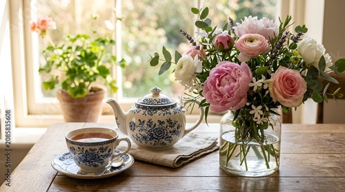 Morning tea and flowers by the window, cozy peaceful ambiance
