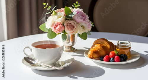 Morning tea and croissant with fresh berries and flowers, elegant breakfast table setting
