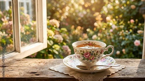 Morning tea in garden, delicate floral cup and saucer on wooden table by window