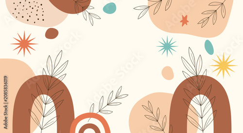 Abstract organic shapes background with hand drawn botanical leaves and arches in boho chic style and earthy tones.