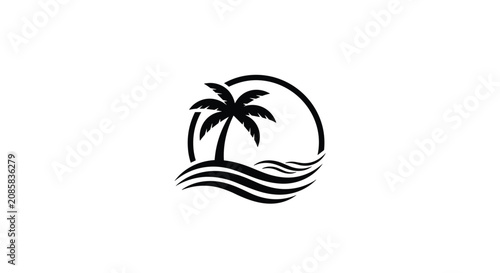 Minimalist black and white circular icon of a lone palm tree standing by the gentle ocean waves under the sun.