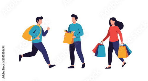 Group of active shoppers including a man running, another carrying groceries in a bag, and a woman with shopping bags.