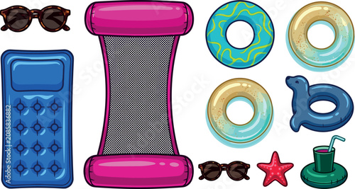 Obraz na płótnie Summer Pool Float and Swim Ring Vector Element Set with Inflatable Lounger Air M