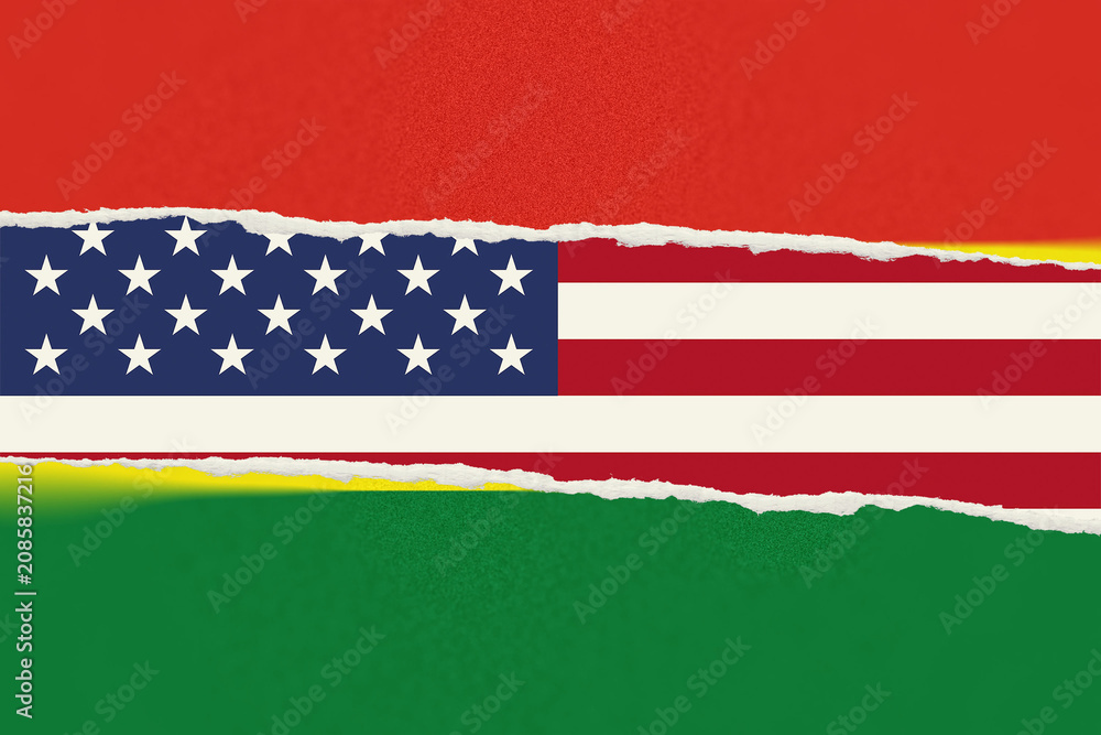 Fototapeta premium Layered Ripped Paper Art Unveiling United States and Bolivia National Flags on Textured Red Background