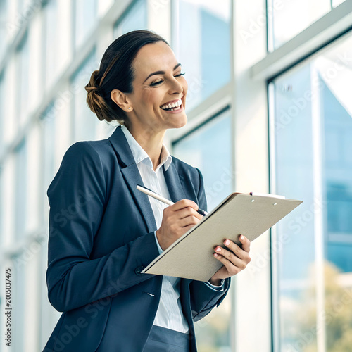 smiling businesswoman holding clipboard with pen