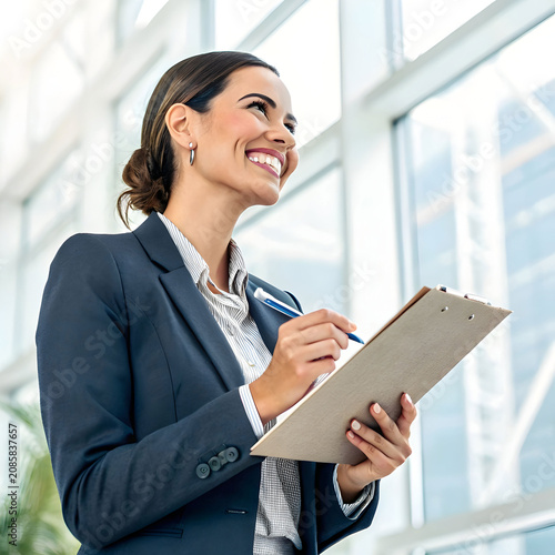 smiling businesswoman holding clipboard with pen