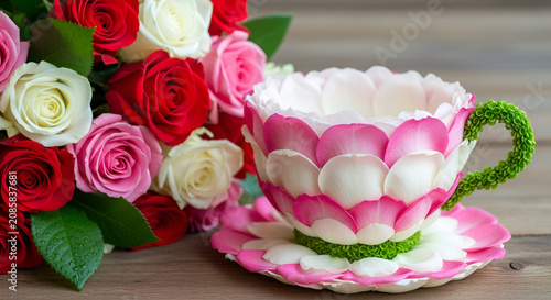 Rose Petal Tea Cup with Romantic Roses Bouquet