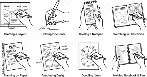 Creative process and layout design tasks vector set, minimalist monoline hands wireframing, planning on paper, project annotating, doodling icon pack