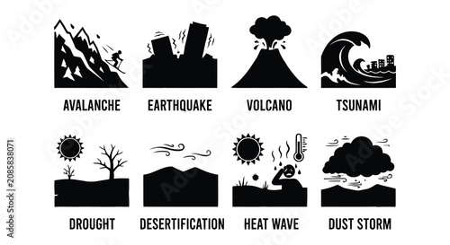 Photos avalanche, earthquake, volcano, tsunami, drought, desertification, heatwave, dus