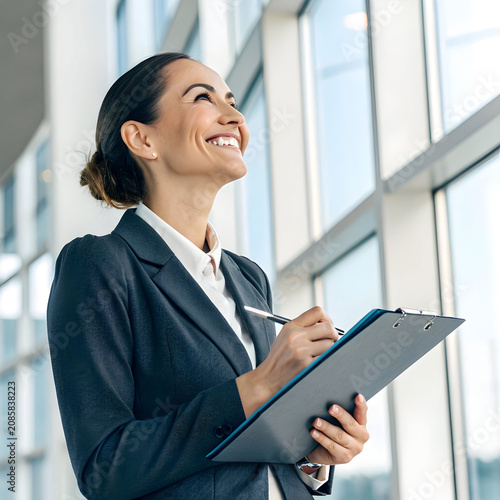 smiling businesswoman holding clipboard with pen