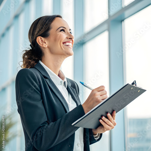 smiling businesswoman holding clipboard with pen