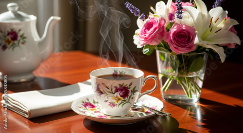 Steaming Coffee Cup with Flowers and Teapot on Wooden Table | Cozy Morning Scene