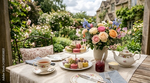 Elegant Garden Tea Party with Macarons and Flowers in Bloom