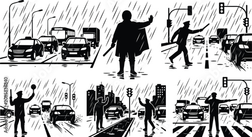 Pedestrian directing traffic at a busy intersection